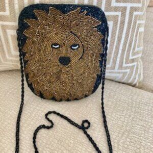 Black Beaded Lion's Head Pouch Crossbody Bag 5 x 7 : 22inch strap